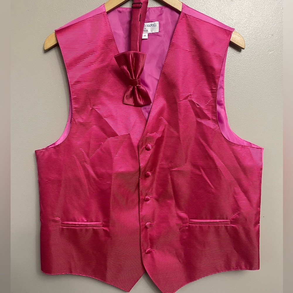 Vesuvio Napoli Hot Pink Striped Vest & bow Tie Set Medium Italy prom wedding